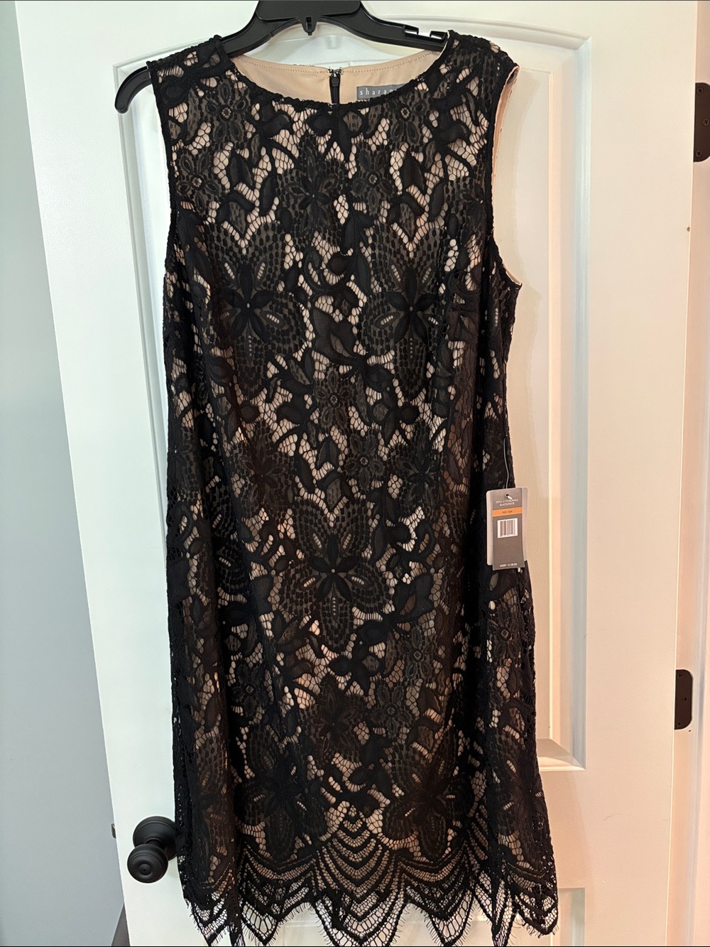 Sharagano Black Lace Midi Dress with Nude Lining